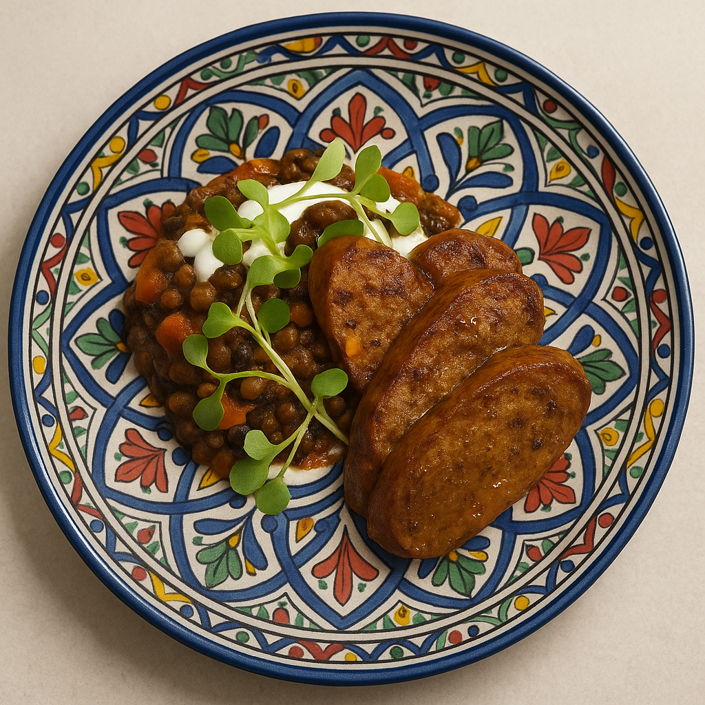Lamb Merguez Sausage with Moroccan Lentils, Yogurt and Preserved Lemon Drizzle Lamb Merguez Sausage with Moroccan Lentils, Yogurt and Preserved Lemon Drizzle