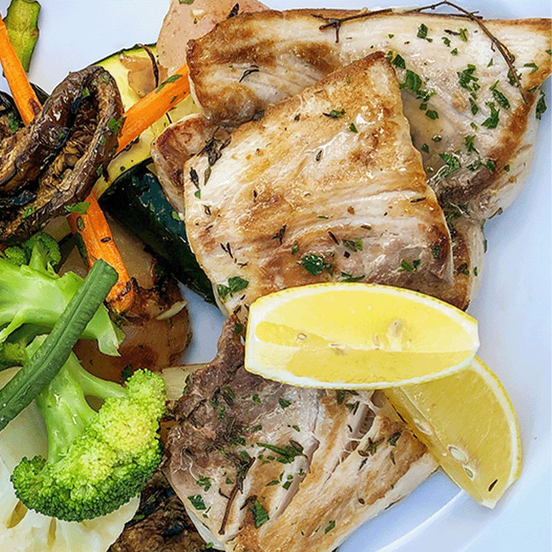 grilled mahi mahi lemons mushrooms broccoli tight shot Shrimp Cocktail